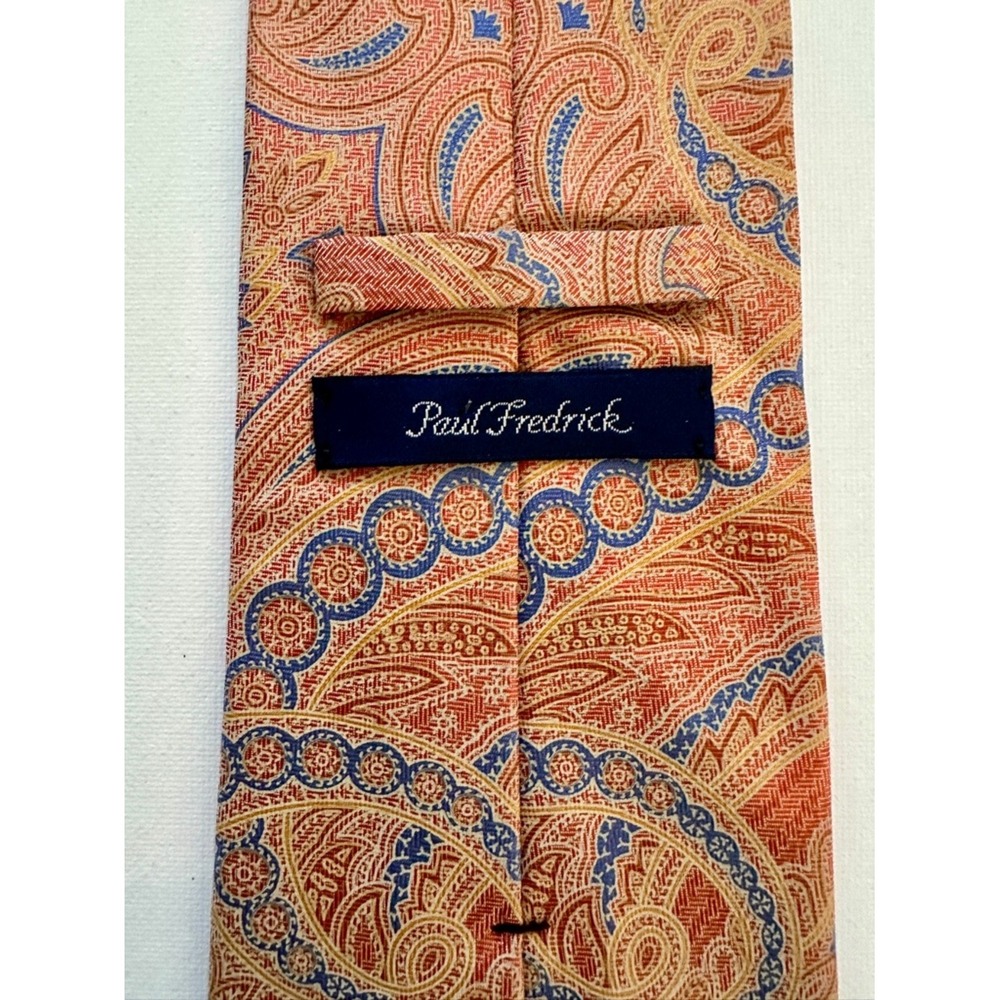 100% Silk Men's Paul Fredrick Orange, Apricot, Blue & Gold Paisley Brocade Tie - Picture 5 of 7